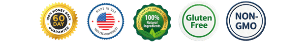 60-day money-back guarantee, made in USA, gluten free, non-GMO, premium quality supplement badges